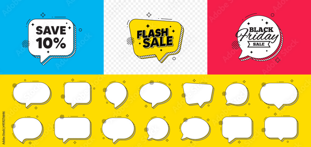 Sticker Save 10 percent off tag. Flash sale chat speech bubble. Sale Discount offer price sign. Special offer symbol. Discount chat message. Black friday speech bubble banner. Offer text balloon. Vector