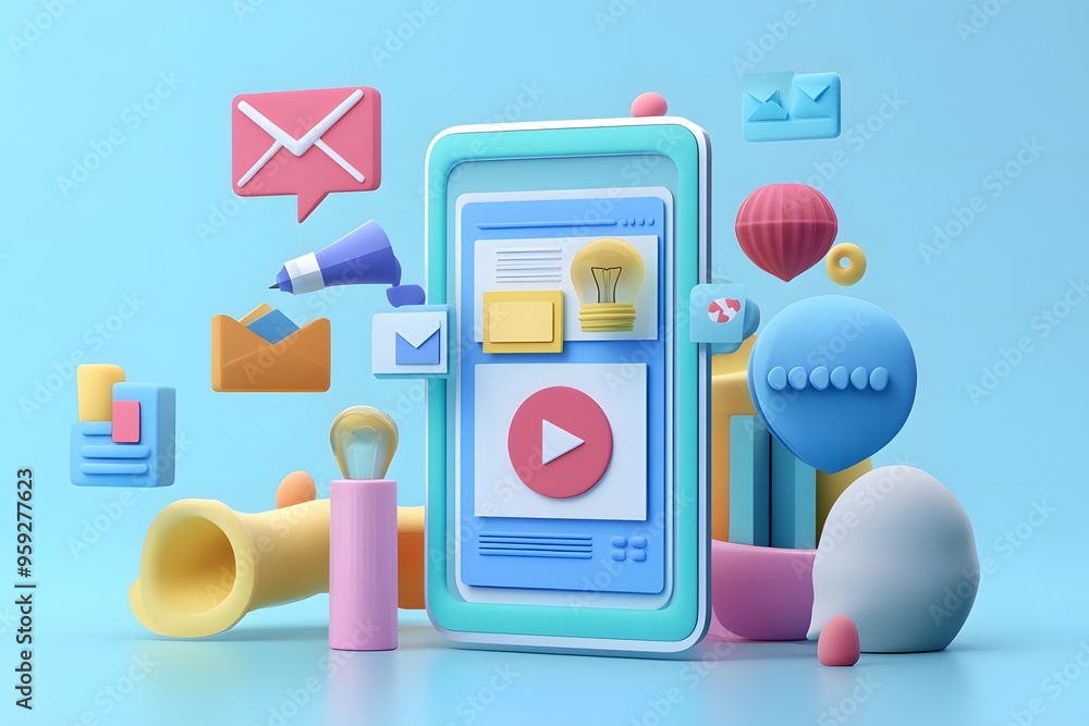 Poster 3d illustration of a smartphone with colorful icons and objects representing online communication an