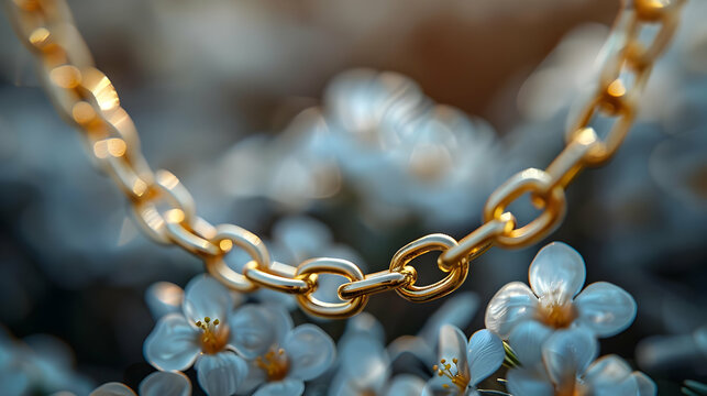 Golden Chain Link Detail with White Flowers Macro Illustration