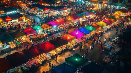 Vibrant night market bustling with activity, featuring colorful tents and diverse stalls in a lively urban setting
