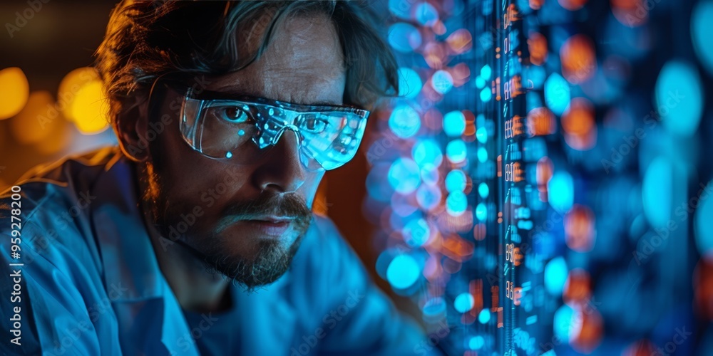 Poster scientist wearing high-tech glasses analyzing data on a futuristic digital interface, symbolizing in