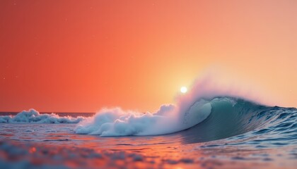 Fototapeta premium Captivating wave at sunset, capturing the beauty of nature and tranquility. Perfect for wellness, travel, or coastal-themed projects.