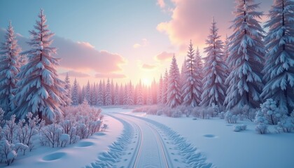 A serene winter landscape featuring snow-covered trees and a winding path, perfect for evoking feelings of tranquility and beauty in seasonal promotions or nature-themed projects.
