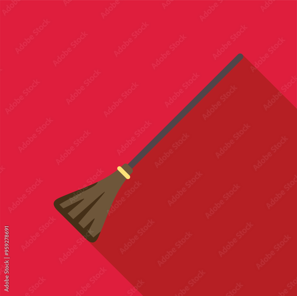 Poster broom casting long shadow over red background icon in flat style for any design