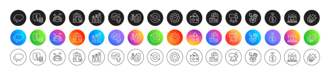 Energy inflation, People chatting and Time management line icons. Round icon gradient buttons. Pack of Verification person, Brush, Accounting icon. Vector