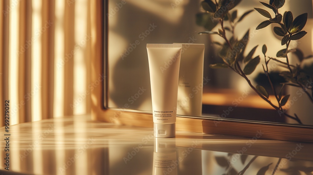 Aufkleber a tube of cream is placed on a vanity table, its reflection visible in the mirror, illuminated by so