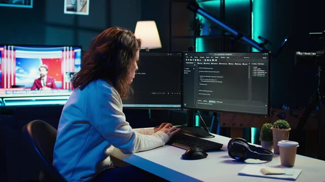 IT expert working from home developing software in JavaScript programming language using desktop PC. System engineer in living room writing lines of code on computer using keyboard, camera B