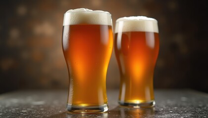 Two glasses of amber beer with frothy tops, elegantly displayed on a textured surface. Perfect for bar promotions, brewing advertisements, or beverage menus.