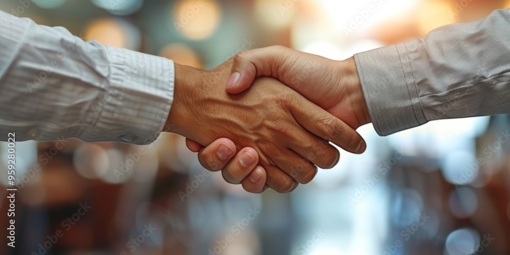 Wall mural close-up of two people shaking hands in a business setting, symbolizing agreement and partnership