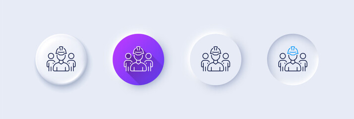Engineering team line icon. Neumorphic, Purple gradient, 3d pin buttons. Engineer or architect group sign. Construction helmet symbol. Line icons. Neumorphic buttons with outline signs. Vector