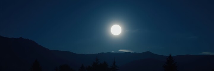 Fototapeta premium A breathtaking night scene featuring a bright full moon illuminating the serene mountain landscape, perfect for nature-inspired projects or calming visuals.