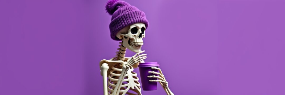 A quirky skeleton enjoying a drink, wearing a purple beanie against a vibrant purple background. Perfect for Halloween-themed promotions, social media, and creative designs.