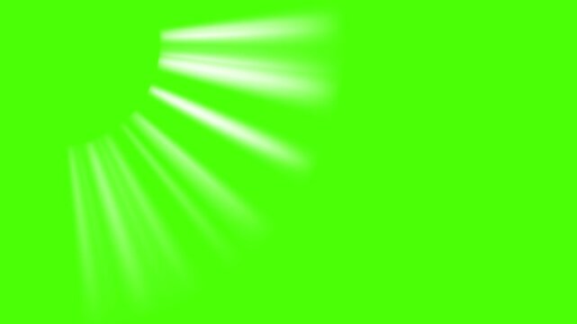 Top left sun rays or god bless rays on green screen. 4K beautiful white spotlight effects moving top left on chroma key. Flashlights, bright light lens flare effect, Party lights on stage video