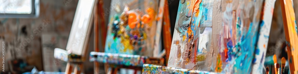 Poster canvas on easels with acrylic paints arranged for an art workshop or painting session in a creative 