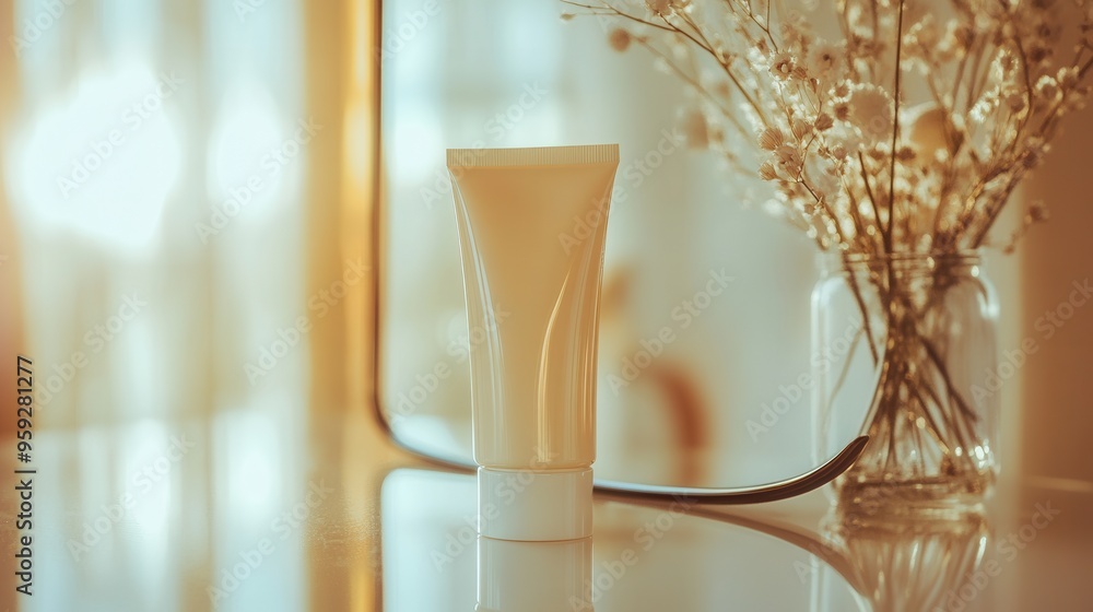Aufkleber a tube of cream elegantly reflects in a mirror, accompanied by a vase of delicate flowers in a softl