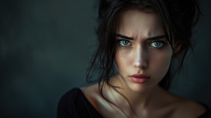 Fototapeta premium Portrait of beautiful woman on dark background with worried expression. AI generated image