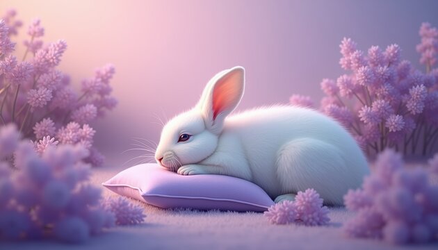 A serene white rabbit resting on a soft pillow amidst delicate purple flowers, evoking a sense of tranquility and whimsy. Perfect for pet-related and wellness themes. - Powered by Adobe