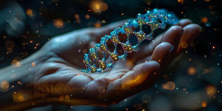 Hand holding a glowing 3D DNA strand with abstract particles floating in the air, symbolizing genetics and futuristic biotechnolog