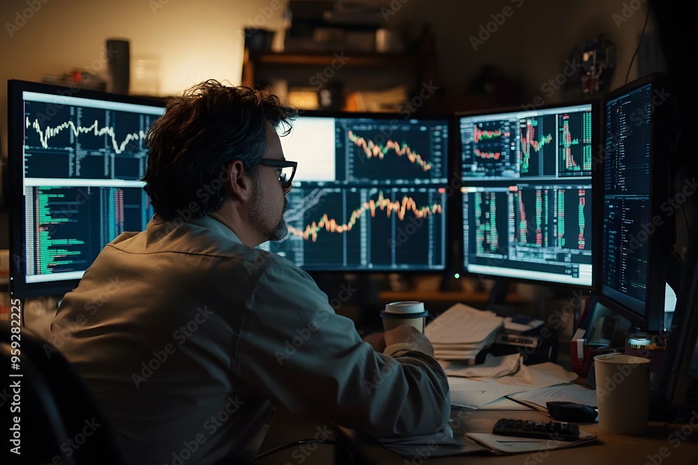 Poster a man analyzes stock market data on multiple computer screens.