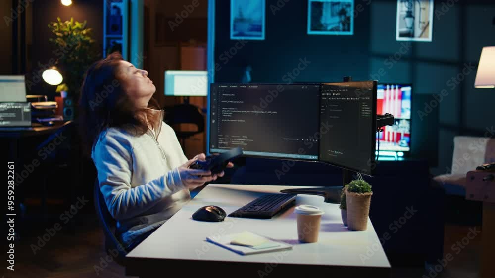 Poster freelancing programmer listening music while designing and developing software applications. it spec