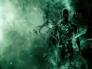 An abstract concept depicting toxins in the human body, with glowing green veins and swirling smoke representing internal contamination and harm.