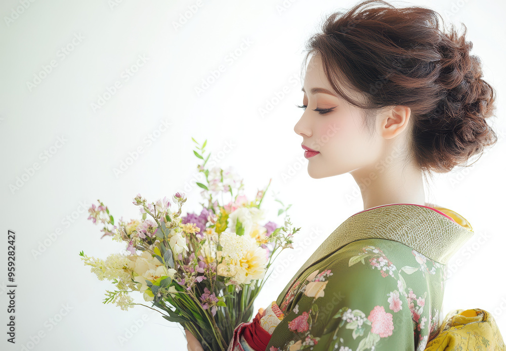 Canvas Prints  an elegant Japanese woman in traditional attire, holding flowers and standing against a white background.