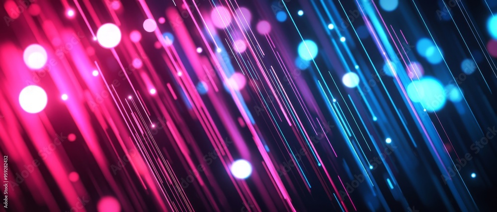Poster abstract background with diagonal lines of pink and blue light with bokeh effect.