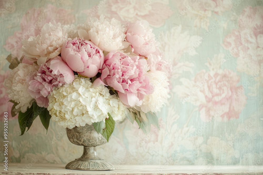 Poster a charming bouquet features soft peonies and hydrangeas in calming colors, elegantly arranged in an 