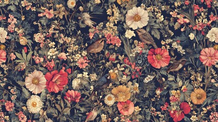 Pattern featuring flowers and woodland creatures seamlessly blending into a nature-inspired wallpaper