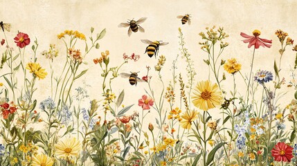 Seamless wallpaper design of wildflowers and bees with a naturalistic style and earthy color tones