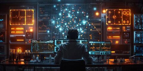 Scientist analyzing complex data on multiple digital screens in a futuristic control room, symbolizing advanced research and technology