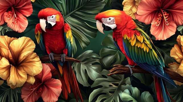 Seamless tropical wallpaper with large flowers and parrots in a vibrant and eye-catching design