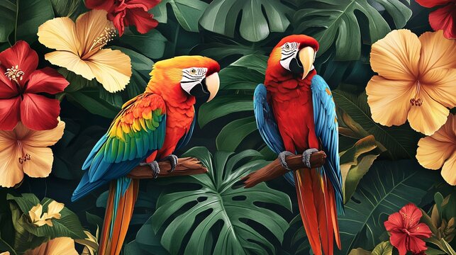 Seamless tropical wallpaper with large flowers and parrots in a vibrant and eye-catching design