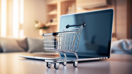 A Small Shopping Cart Model in Front of Blurred Laptop on Blurred Home Background. Online Business and E-Commerce Concept, Generative AI
