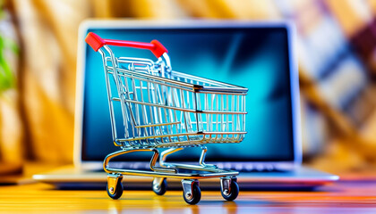 A Small Shopping Cart Model in Front of Blurred Laptop on Blurred Home Background. Online Business and E-Commerce Concept, Generative AI