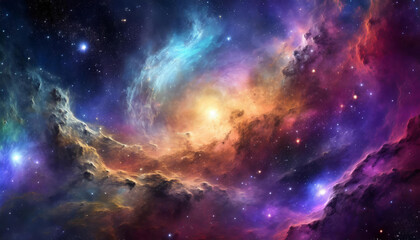Hyperrealistic dense gas, dust, space nebula, galaxy, shiny stars, supernova clouds cosmos universe in colorful fantasy cosmic blue, pink, violet, yellow colors background or wallpaper. 