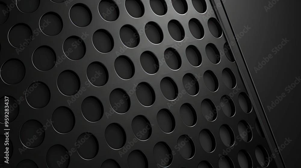 Poster a close-up of a textured black surface featuring a pattern of circular cutouts, creating a modern an