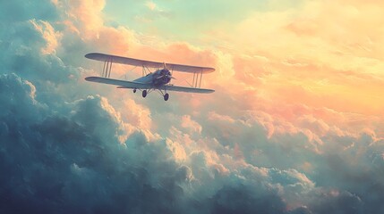 Fototapeta premium A vintage biplane gliding above soft, pastel clouds, capturing the nostalgia of early aviation. The delicate strokes and muted tones evoke a dreamy, serene atmosphere