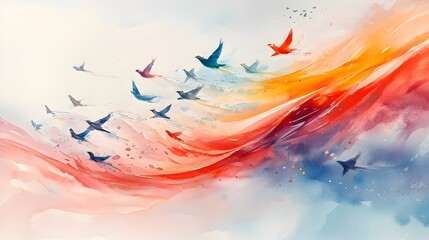 Fototapeta premium Watercolor art of an airshow with planes drawing elegant loops, the swirling trails forming a colorful tapestry against a clear sky