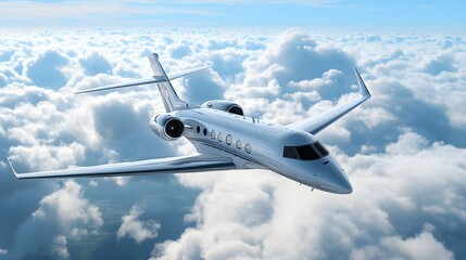 Fototapeta premium A modern jet cutting through a clear blue sky, with a flowing banner that reads Adventure Awaits against a backdrop of fluffy white clouds