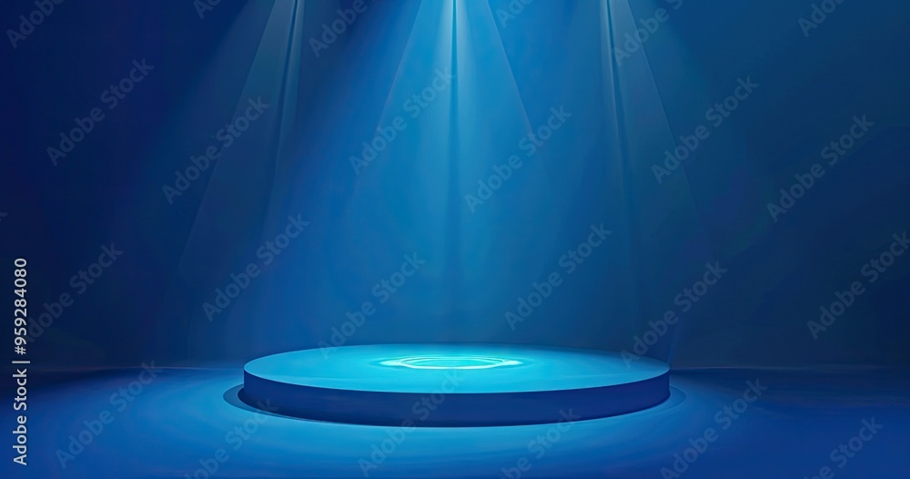 Poster a circular stage illuminated by blue light, creating a dramatic and empty space for performances or 