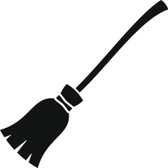 Simple black silhouette icon of a broom lying down with its handle resting on the bristles