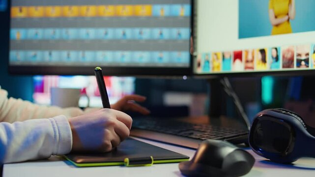 Photo editor using graphic tablet to edit color balance, delivering appealing photographs for magazines. Close up on graphic designer using stylus on touchscreen device to modify images, camera B