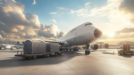 Obraz premium A large cargo plane is being efficiently loaded with freight at an airport during sunset, highlighting busy logistics operations