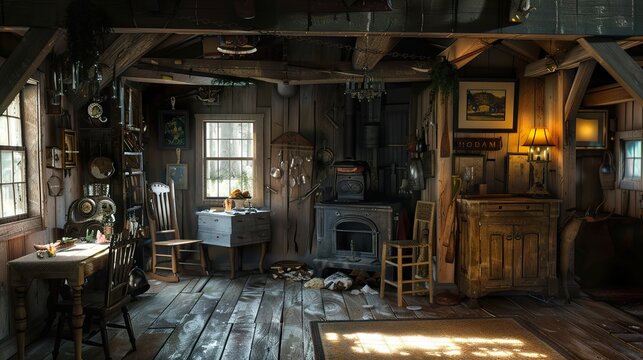 Rustic cabin interior with wood-burning stove, furniture, and windows.