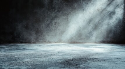 A hauntingly atmospheric empty room with walls in dark tones, dim light, and soft misty light rays entering through a hidden window, creating a ghostly effect.