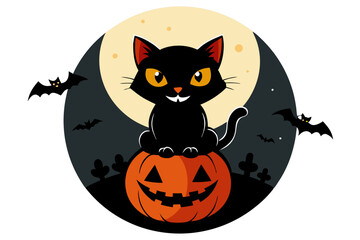 Spooky Mischief Vector T-Shirt Design of a Black Cat with Glowing Red Eyes on a Jack-o'-Lantern Against a Full Moon and Bats