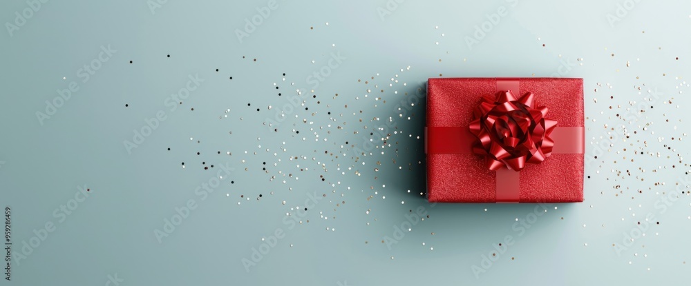Poster a red box with a red bow on top of it