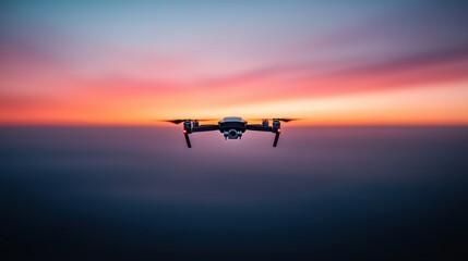 A close-up image of a drone hovering in a vibrant, colorful sky at dusk, capturing the essence of modern technology and exploration in serene conditions.