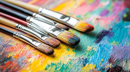 Obraz premium A peaceful artist's studio with an easel and vibrant splashes of color, focusing on a close-up of an artist skillfully working with paintbrushes.